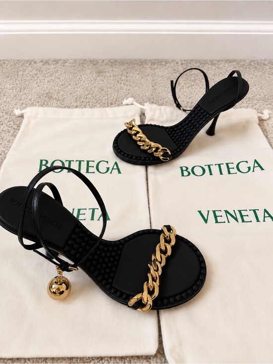 Bottega Veneta Shoes - Bottega Veneta Dot Ankle Black Leather Strappy Stiletto Heels with Gold Chain